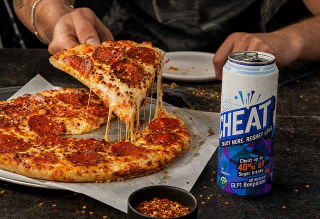 A whole pepperoni pizza on a paper-lined tray, one slice pulled with a cheese stretch, chili flakes, greasy paper, dark table
