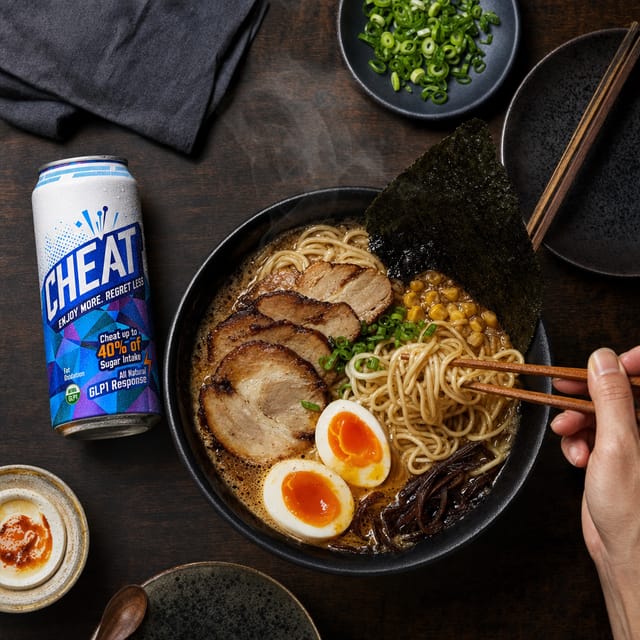 Overhead of a rich ramen bowl, soft egg, chashu, chopsticks lifting noodles, steam