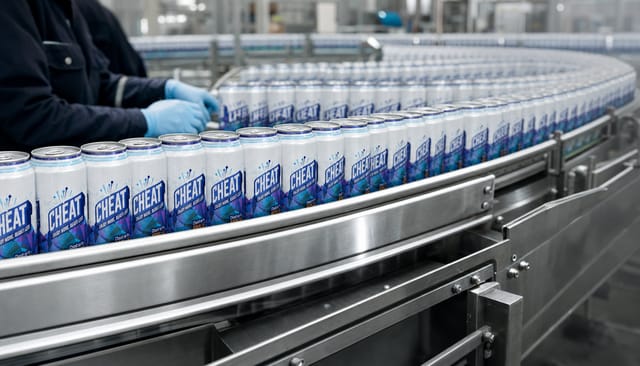 A beverage canning line conveyor, blank silver aluminium cans moving in rows under industrial light, shallow depth of field