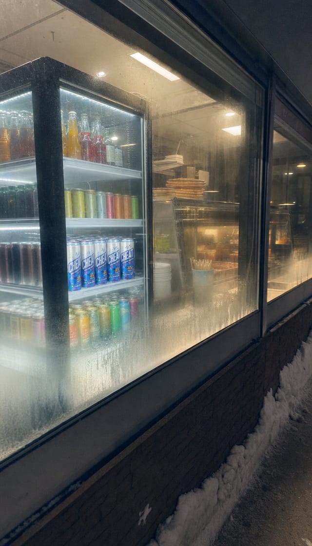 Toronto convenience store at night in winter, fogged window, glowing fridge inside