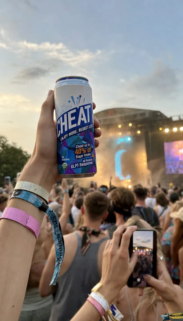 Festival crowd at dusk, wristbands, a hand raised, stage lights, dust, phone photo