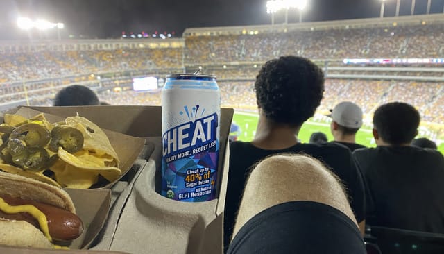 Sports stadium seats during a night game, floodlights, a cardboard tray of nachos and a hot dog on a knee